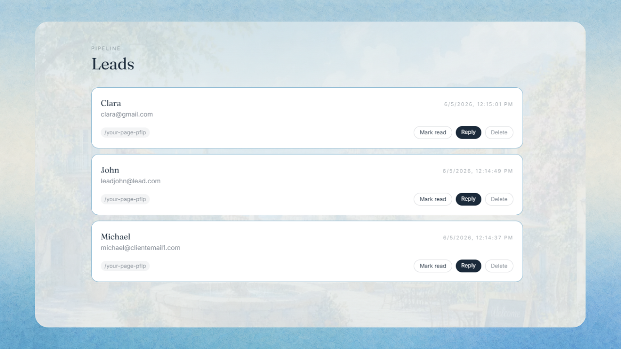 Showfront built-in lead collector and CRM